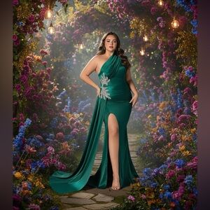 Faeriesty Asymmetric One-Shoulder Satin Mermaid Gown with Floral Rhinestone, 3X